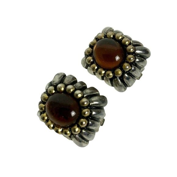 Statement Clip On Earrings Two Tone Metal Amber Cobochon Chunky Rectangle USA - Picture 2 of 4